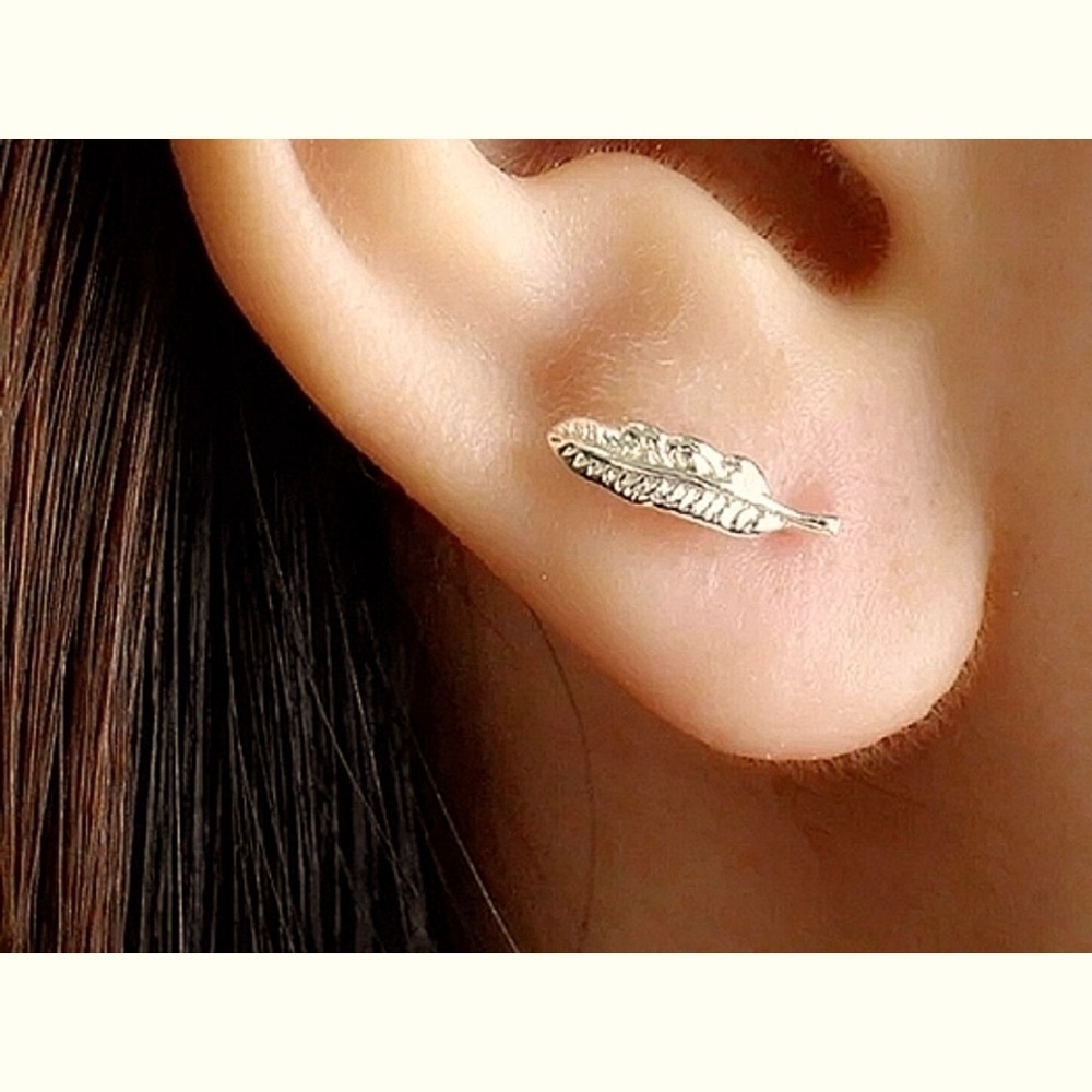 NEW Unisex Small‎ Stud Feather Earrings, 925 Sterling Silver